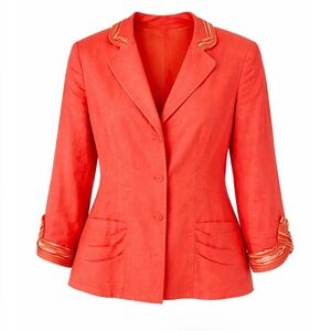 Tahari Coral Linen Blend Blazer Ruched Cuff Jacket Size Large